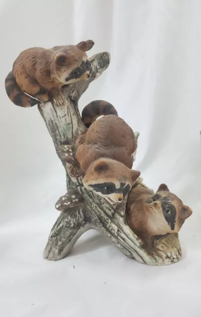 Vintage Porcelain Baby Raccoons in Tree Figurine Statue Homco Made in Mexico