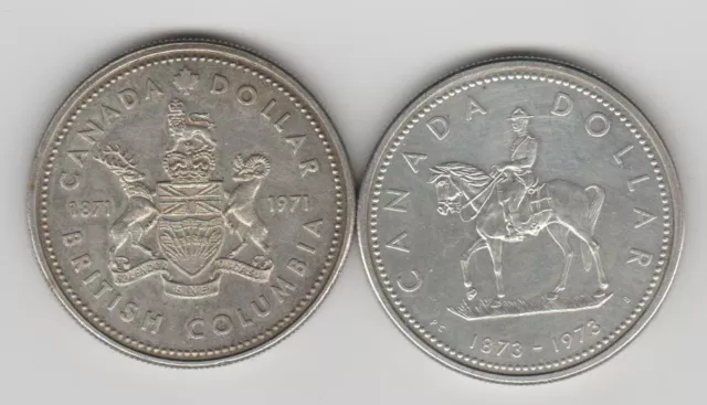 Lots of 2 Canada 1 Dollar silver coins, issued in 1971 and 1973