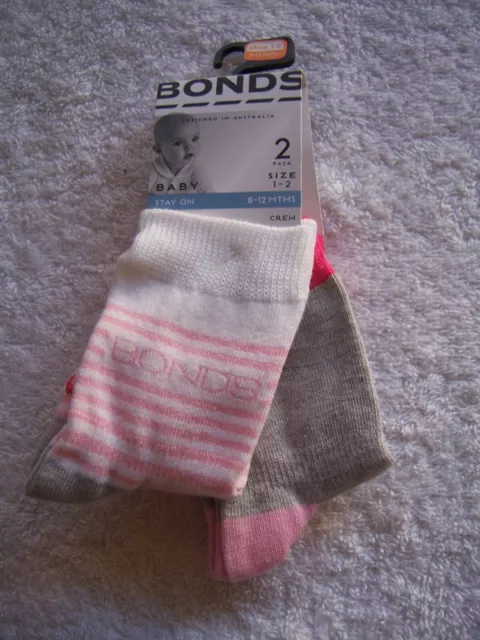 BNWT Baby Girl's Bonds 2 Pack Pink, Grey & White Stay On Socks Shoe Size 1-2