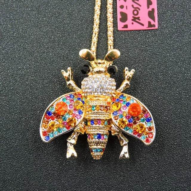 Betsey Johnson Crystal Rainbow Honey Bee Pendant Necklace Free Gift Bag