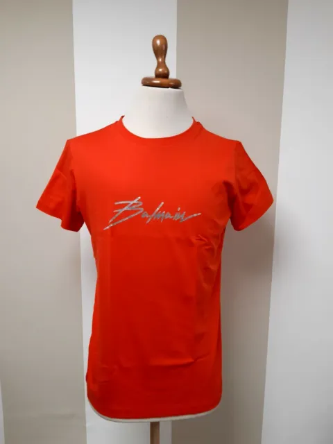Balmain T-Shirt Maglietta Rossa Corallo Logo Argento Corsivo Nuova Collezione
