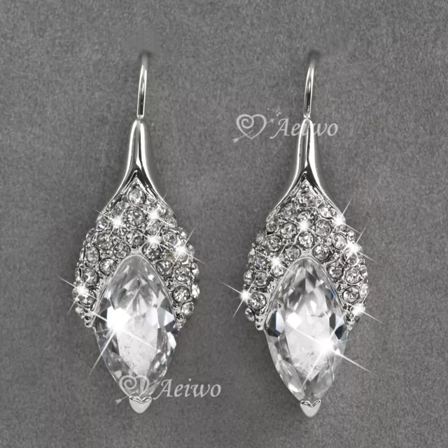 Hook Drop Earrings 9K Gf 9Ct White Gold Made With Swarovski Crystal Sparkling