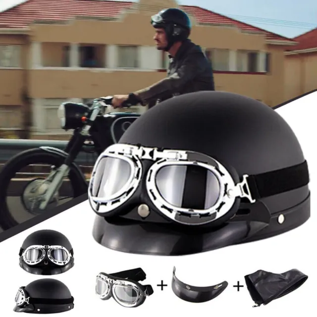 Schwarz Motorrad Helm Retro Harley Chopper Militär Halbschale Biker Mofa Roller