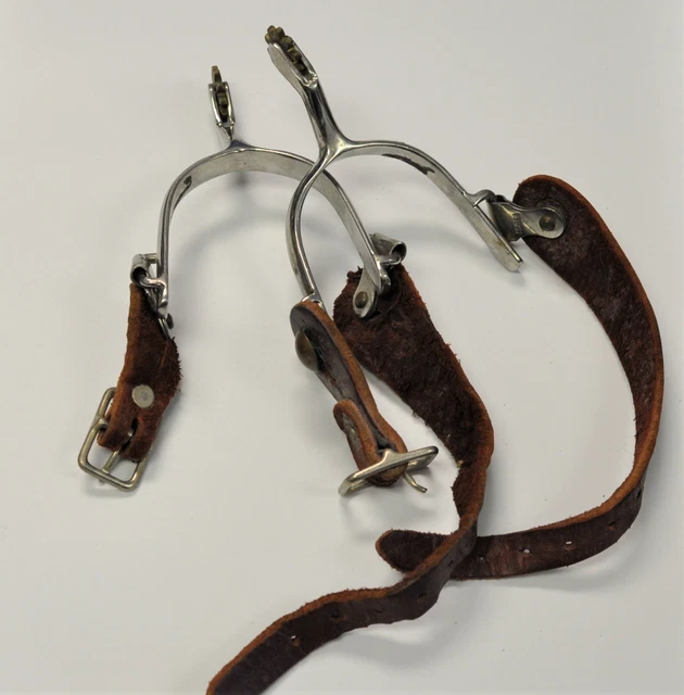 VINTAGE WESTERN Cowboy HORSE RIDING SPURS, LEATHER STRAPS, MARKED KOREA