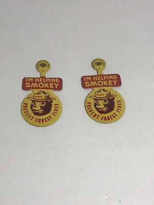 Smokey The Bear Prevents Fires Tin Litho Button Pin lot Of 2 VTG 1960s 426