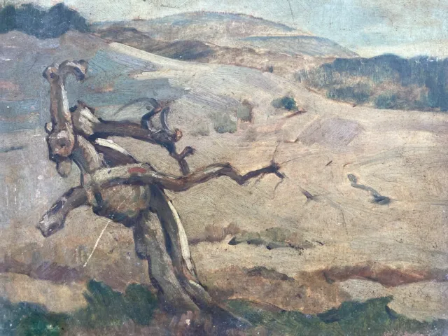 Belle peinture huile panneau bois 1920 paysage desert ancien art à Identifier