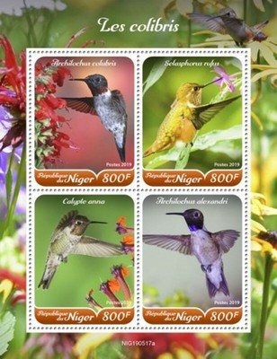 2019 Colibri Su Francobolli Niger 4 Francobollo Foglio NIG190221a 