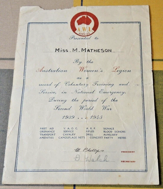Ww2 Certificate Of Service Australian Women’s League Miss M Matheson #13
