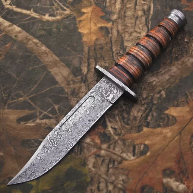 Handmade Damascus Steel Hunting Knife, 12" Survival Knife with Leather Sheath