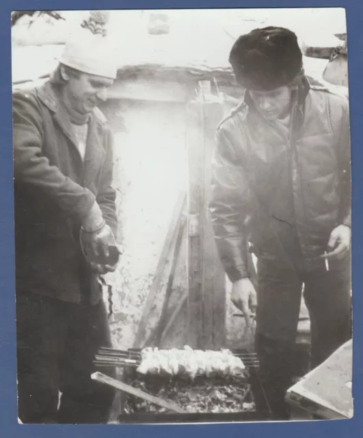 Handsome Guys in Hats Smoking and Grilling Meat Soviet Vintage Photo USSR