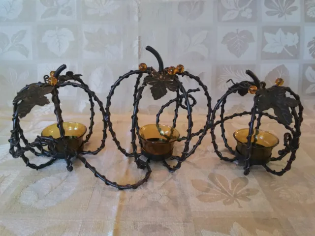Fall Halloween 16" Wrought Iron/Twisted Wire Pumpkin Tealight Candle Holder Trio
