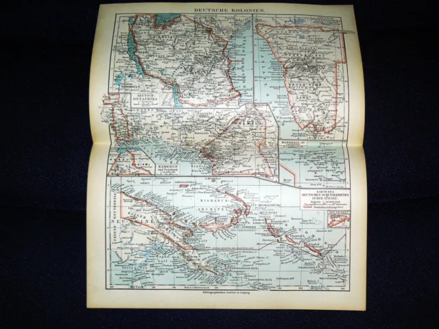 DEUTSCHE KOLONIEN Kamerun Togo Südsee Afrika – Landkarte & Lexikontext von 1899