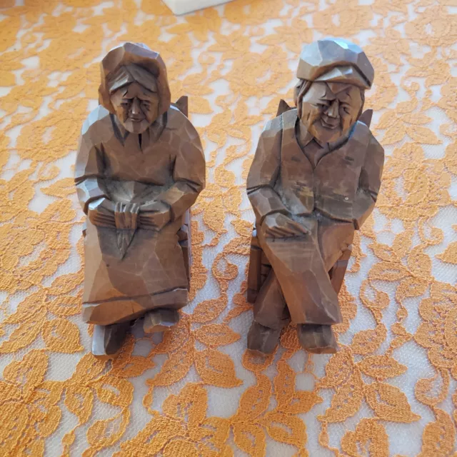 Hand Carved or Whittled Little Old Man & Woman Solid Wood Grand Parents Set of 2