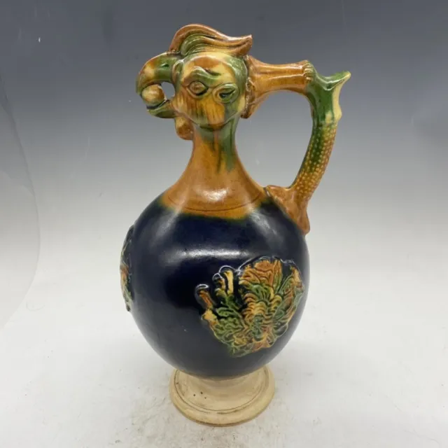 11.6" china old antique liao dynasty tricolor peacock handled ewer