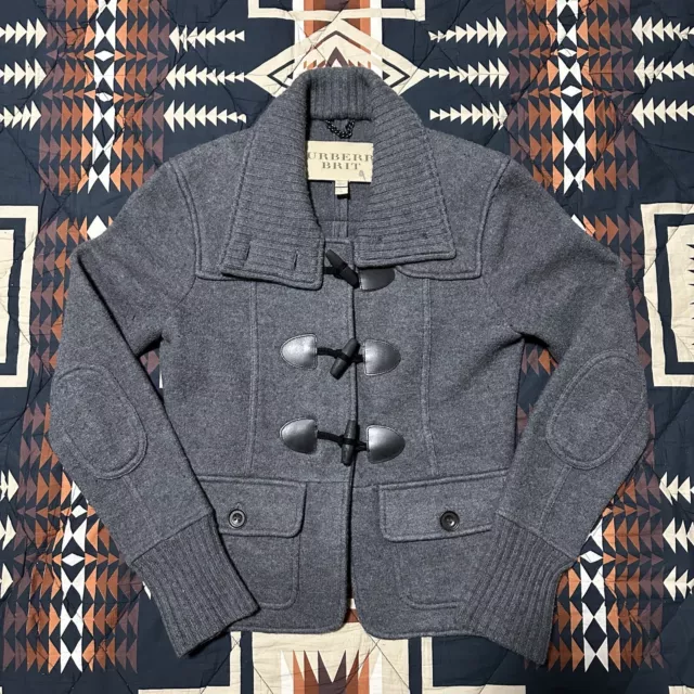 Burberry Brit Jacket Merino Wool Gray Toggle Coat SZ Large Elbow Patch