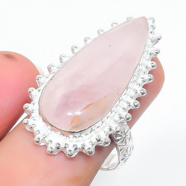 Bague Vintage Quartz Rose – Taille 7,75, Argentée, Fait Main En Inde, Pierre Cabochon 40 Cts