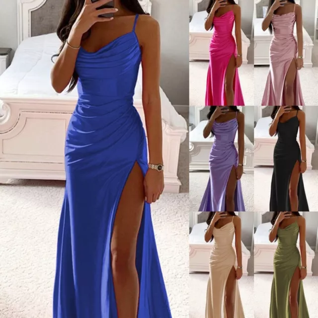 Womens Satin Silk Pleated Slip Dress Ladies Sexy Solid High Split Party Dress AU