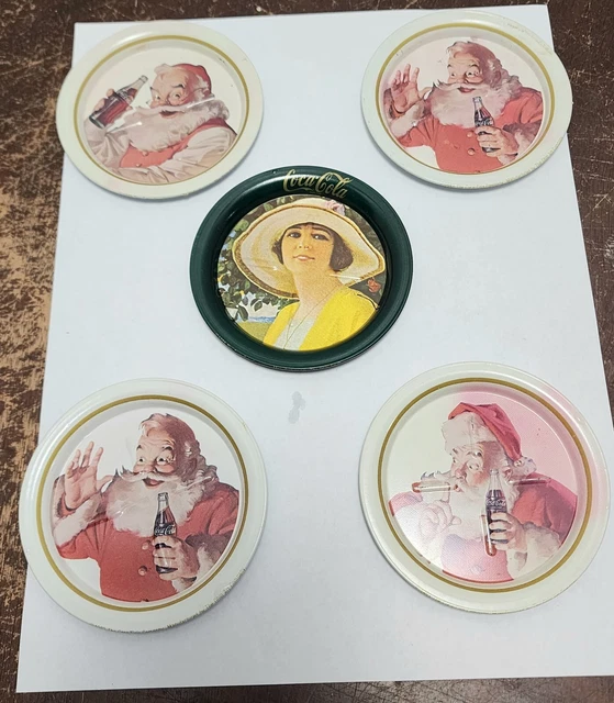Coca Cola Santa Claus Gibson Girl Coaster Set 5 Tin  White Red Christmas Vintage