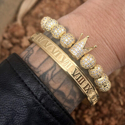 Luxury Men's Gold Crown King CZ Roman Numeral Bangle Stainless Steel Bracelets