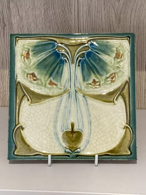 Antique Art Nouveau Majolica Floral Tile by Marsden C.1905