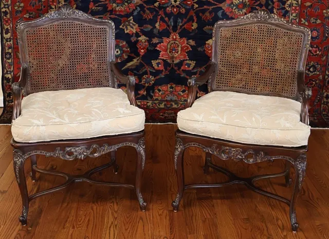 ​ Louis XV Style Shell Carved Caned Arm Chairs Pair