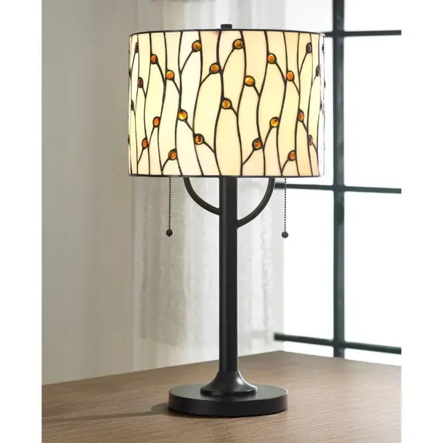 Stained Glass Drum Shade Creme Vines Table Lamp Accent Reading Tiffany Style