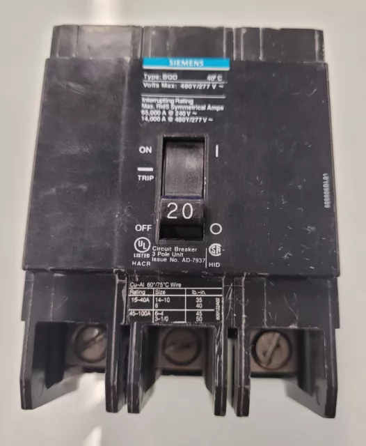 Siemens BQD320 3 Pole 20A Circuit Breaker