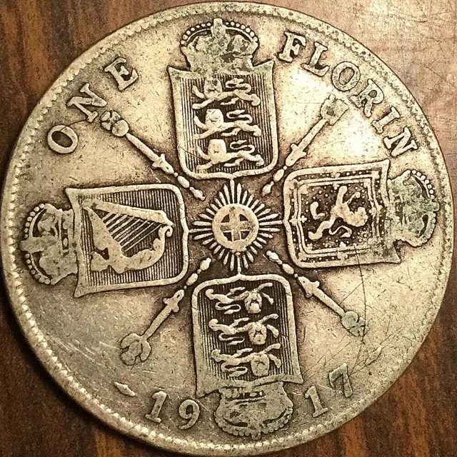 1917 Uk Gb Great Britain Silver Florin Two Shillings Coin