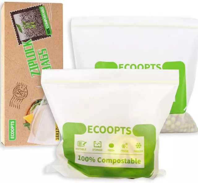 50 Pack ECOOPTS 100% Compostable Food Storage Freezer Bags Storage