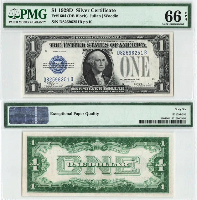 $1 1928-D Silver Certificate, Fr. 1604, Scarce PMG Gem Unc 66EPQ
