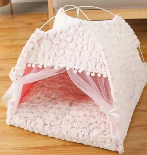 Pink Pet Dog Cat Nest Bed Tent House Puppy Cushion Warm Fluffy Portable Tent