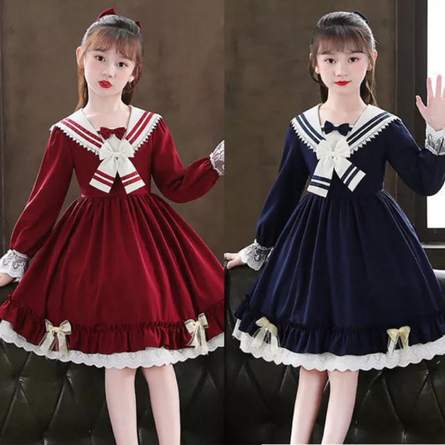 Children Kids Toddler Girls Long Ruffled Sleeve Bowknot Lolita Skirt Princess