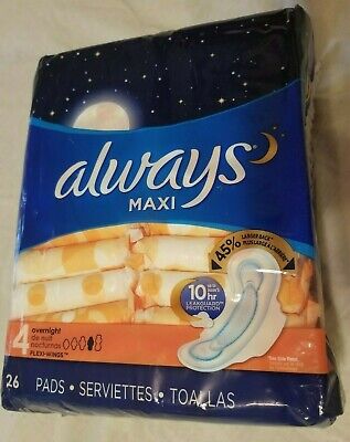 Always Maxi Pads # 4 Overnight 26 Almohadillas 45 % más grande Espalda posterior 10 horas más grande 10 Hr paquetes ind