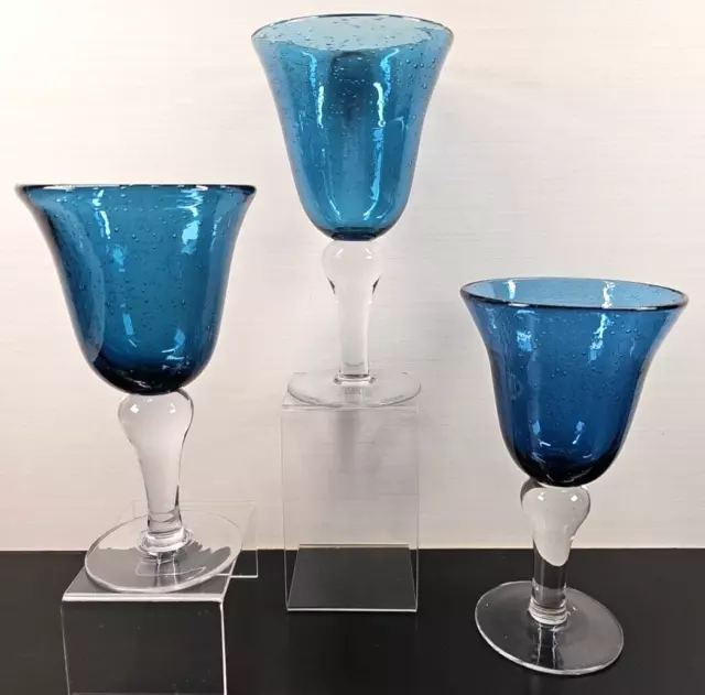 3 Tabletops Unlimited Corsica Blue Water Goblets Set Bubble Bowl Clear Stems Lot