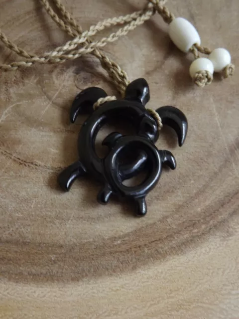 Hawaiian Black Buffalo Bone Turtle Pendant Necklace Choker - Mother Turtle