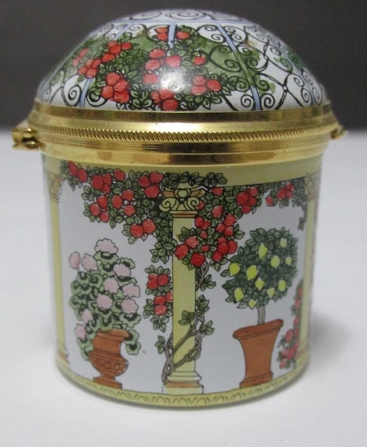 TRINKET BOX Staffordshire Enamels TOPIARY GAZEBO ROUND UK Hand Painted Signed