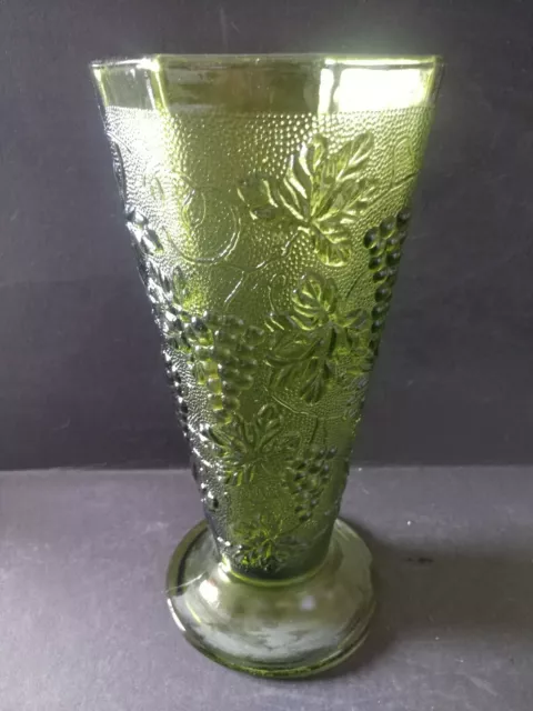 Vintage Harvest Grape Leaf Vine Olive Green Glass Octagon Pedestal, 9.5" Tall