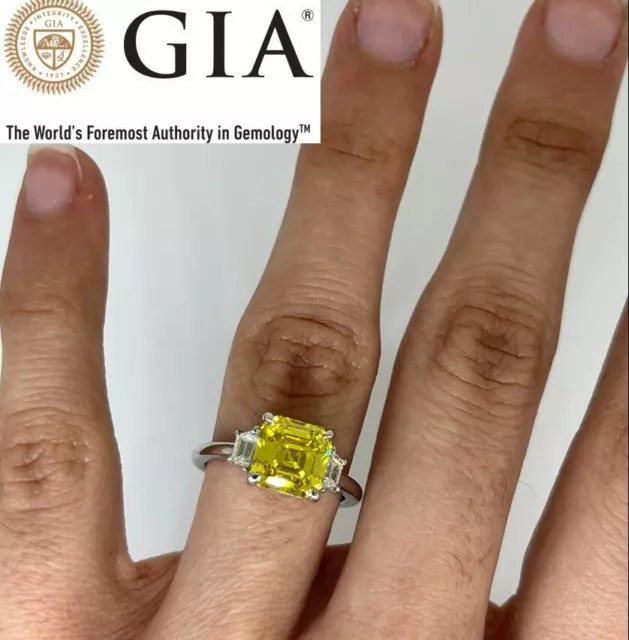 Diamond Ring Fancy Vivid Yellow Asscher GIA Certified VS2 3.33 CT Platinum Size6 3