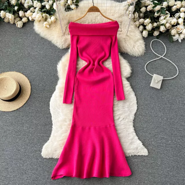 Chic Off The Shoulder Long Sleeve Mermaid Dress Sexy Evening Party Elegant 2