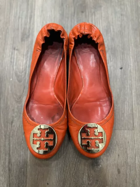 TORY BURCH Minnie Travel Reva Ballet Leather Flats Orange Women’s Size 9.5/10