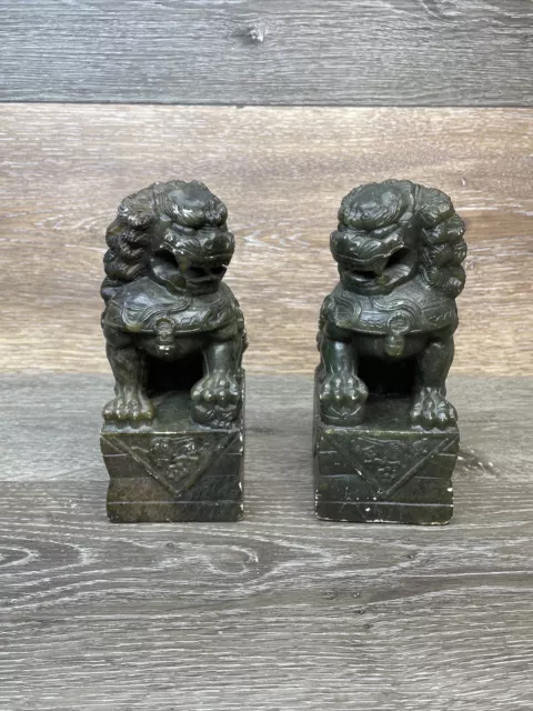 Vintage Chinese Pair Solid Black Resin Foo Dog Statues 7" Bookends ~Set of 2