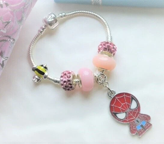 Spiderman pink charm bracelet for girls children kids Superhero bracelet & pouch