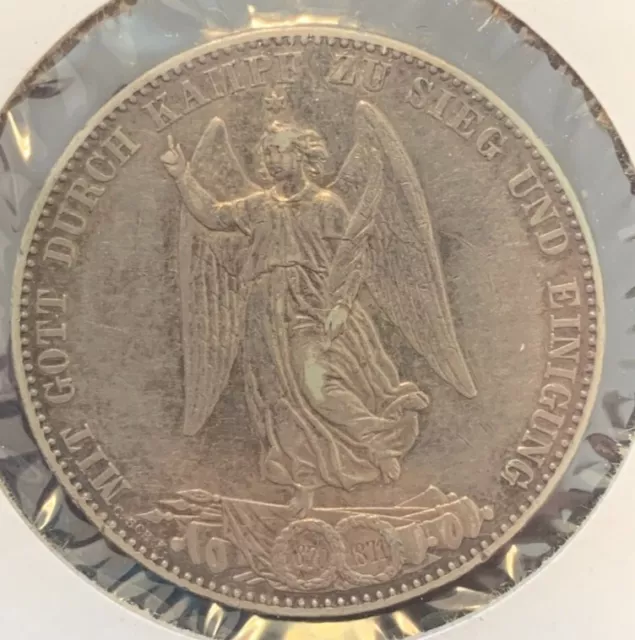 1871 German States 1 Thaler Silver coin, Franco-Prussian War, Wuerttemberg VF