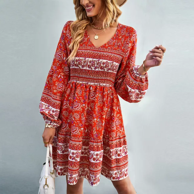 Womens Boho Floral V-Neck Mini Dress Ladies Long Sleeve Casual Holiday Dresses