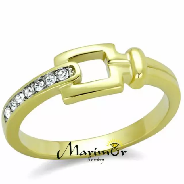 14k Gold Ion Plated Stainless Steel Buckle & Crystal Fashion Ring Womens Sz 5-10