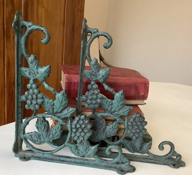 Pair of Vintage Cast Iron Grapevine&Leaves Shelf Brackets 8.5 X 10” Rustic Green
