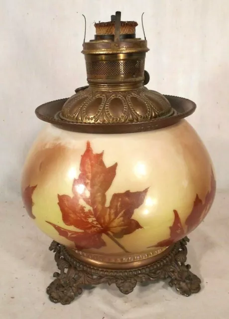 Antique Victorian Brass+Milk Glass Oil Lamp With Hand Painted Oak Leaves