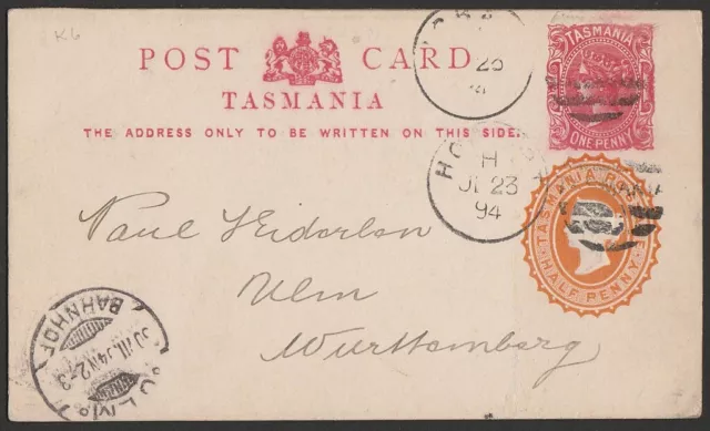 TASMANIA Postcard 1894 Internation Tasmanian Exhib QV 1d w/½d uprated to Germany