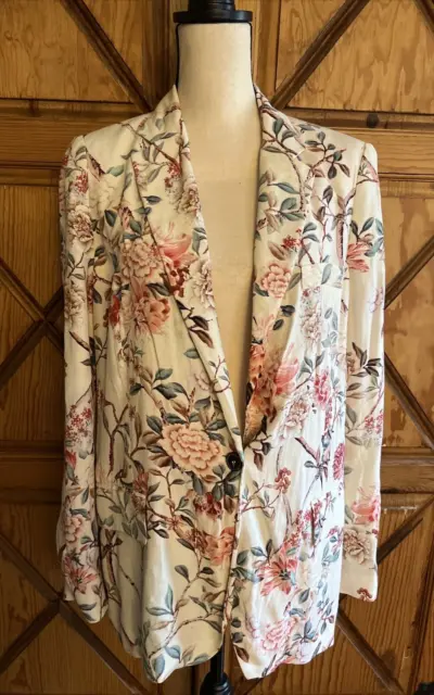 Zara Women Ivory Multi-Color Floral Birds Jacket Blazer Size Large