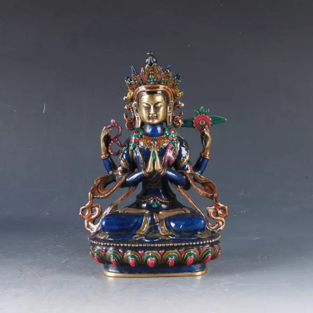 Chinese Cloisonne Handwork Carved Four arms Guanyin Statue